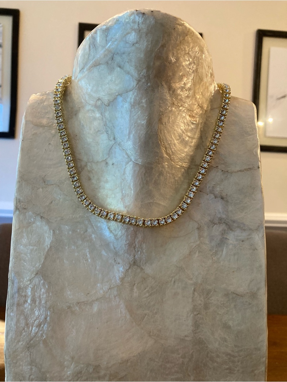 Gold Crystal Tennis Necklace with Clear Stones - 16”